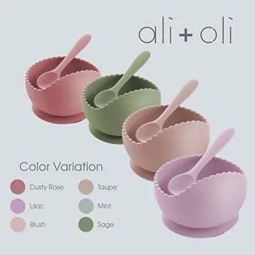 Ali+Oli Silicone Suction Bowl and Spoon Set (Sage, Original) - Unbreakable Suction Bowls for Baby 6 Months and Up, Self Feeding Baby Utensils, First Stage Baby Feeding Supplies
