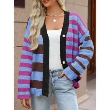 MEROKEETY Women’s Striped Cardigan Sweaters - Cozy Color Block Knit Coat for Winter