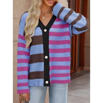 MEROKEETY Women's Striped Cardigan Sweaters Color Block Fuzzy Knit Coat Button Down V Neck Outfits, Purple, X-Large