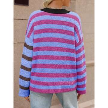 MEROKEETY Women's Striped Cardigan Sweaters Color Block Fuzzy Knit Coat Button Down V Neck Outfits, Purple, X-Large