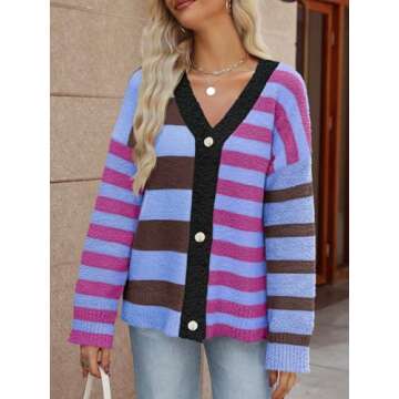 MEROKEETY Women's Striped Cardigan Sweaters Color Block Fuzzy Knit Coat Button Down V Neck Outfits, Purple, X-Large