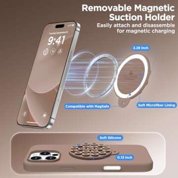 COFFKER Magnetic for iPhone 16 Pro Case, Compatible with Magsafe, Suction Cup Phone Mount, 2 Screen Protectors - Camera Protector, Silicone Shockproof Protective Phone Cover 6.3", Light Brown