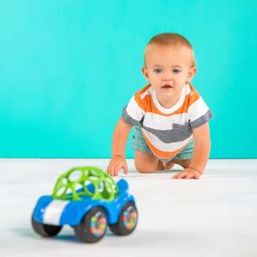 Bright Starts Oball Easy Grasp Rattle & Roll Toy Sports Car BPA-Free Infant Crawling Toy, 1 Pack, Age 3 Months and up, Blue/Green