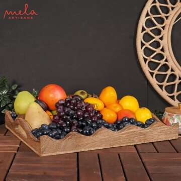 Mela Artisans Ottoman Wooden Serving Tray | Large, Scallop White Burnt | Decorative Mango Wood | Serve Breakfast, Other Foods, Coffee and Tea | Rustic Home Decor | 16" x 12” x 2.5”