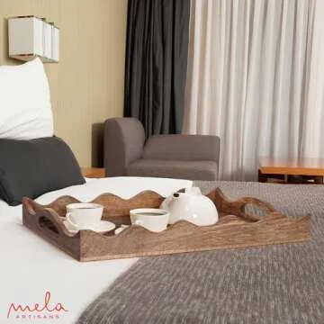 Mela Artisans Ottoman Wooden Serving Tray | Large, Scallop White Burnt | Decorative Mango Wood | Serve Breakfast, Other Foods, Coffee and Tea | Rustic Home Decor | 16" x 12” x 2.5”