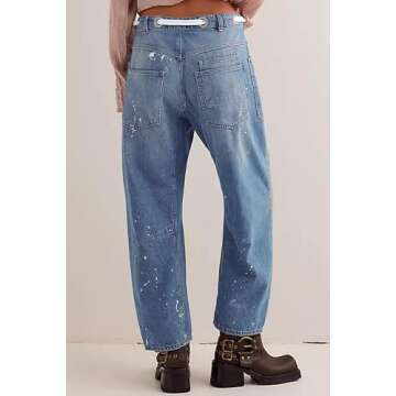 Cicy Bell Womens Baggy Barrel Horseshoe Jeans Wide Leg Drawstring Vintage Denim Pants with Front Poc...