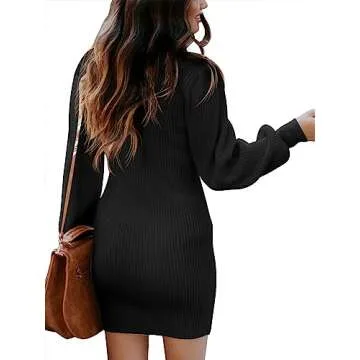 Caracilia Women Turtleneck Long Sleeve Knit Bodycon Slim Fitted Stretch Pullover Sweater Mini Dress Trendy Outfits 2025 Fall Black Small