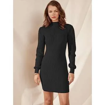 Caracilia Women Turtleneck Long Sleeve Knit Bodycon Slim Fitted Stretch Pullover Sweater Mini Dress Trendy Outfits 2025 Fall Black Small