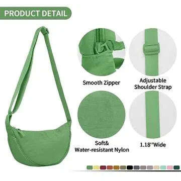 Nylon Crescent Crossbody Bag for Women Purses Trendy Men,Small Travel Sling Bag Hobo,Lightweight Fanny Pack with Zipper Adjustable Strap,Round Soft Shoulder Pouch Bag for Everyday Use(Forest Green)