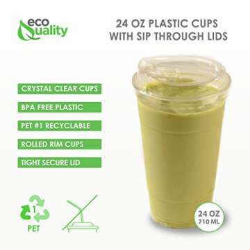 [25 PACK] 24 oz Cups | Iced Coffee Cups and Sip Through Lids | Cold Smoothie | Disposable Plastic Cu...