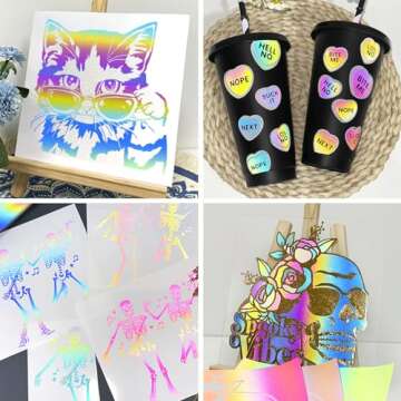 TECKWRAP Holographic Reflective Adhesive Vinyl Flashlight Sensitive Vinyl Precut Sheets for DIY Craft,Arts (Black,Blue,Coral,Lime,Yellow 12" x 12" 5 Sheets/Pack