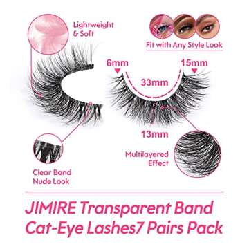 JIMIRE False Eyelashes with Clear Band - 3D Fluffy Demi-Wispies for Natural Cat Eye Effect