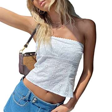 NZNDSHD Women Summer Y2k Sleeveless Tube Tops Off-Shoulder Backless Crop Bandeau Tops Sexy Strapless Vest Shirt Streetwear (G-Hollow Out White, S)