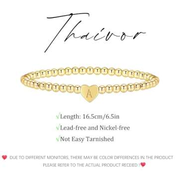 Gold Beaded Bracelets for Women Dainty Heart Initial Bracelet Letter A-Z Charm Bracelet for Women 14K Gold Plated Stretch Bead Ball Bracelet Trendy Gold Jewelry Gifts