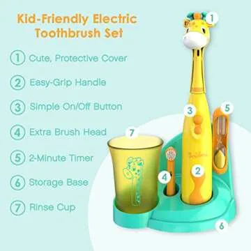 Brusheez Kids’ Electric Toothbrush Set - Safe & Effective for Ages 3+ - Parent Tested & Approved with Gentle Bristles, 2 Brush Heads, Rinse Cup, 2-Minute Timer, & Storage Base (Jovie The Giraffe)