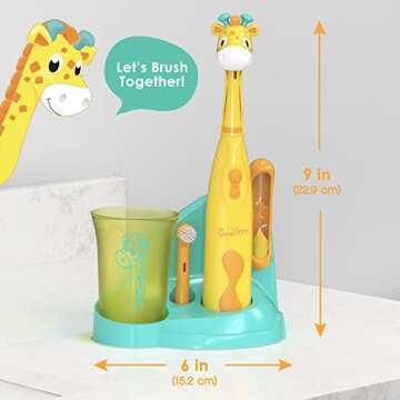 Brusheez Kids’ Electric Toothbrush Set - Safe & Effective for Ages 3+ - Parent Tested & Approved with Gentle Bristles, 2 Brush Heads, Rinse Cup, 2-Minute Timer, & Storage Base (Jovie The Giraffe)
