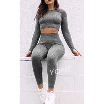 YOFIT Women 2 Piece Yoga Fitness Clothes Exercise Sportswear Grey Anti Cellulite Slimming Booty Sport Pants with Yoga Gym Crop Top