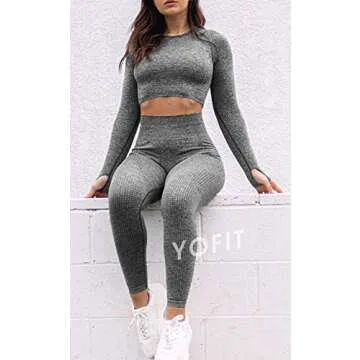 YOFIT Women 2 Piece Yoga Fitness Clothes Exercise Sportswear Grey Anti Cellulite Slimming Booty Sport Pants with Yoga Gym Crop Top