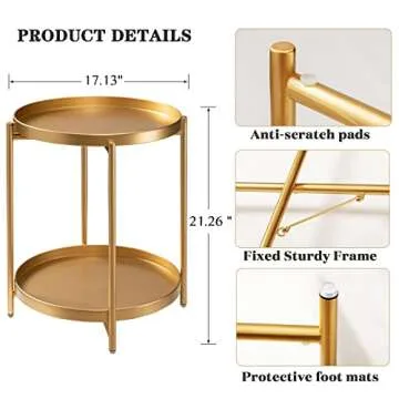 TeoKJ 2 Tier Gold Side Table, Folding Round Metal End Table Small Nightstand with Two Removable Tray for Bedroom Living Room Small Spaces Bedside Gold