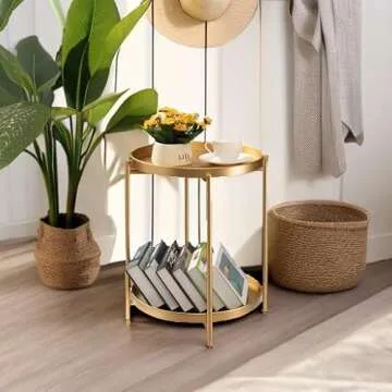 TeoKJ 2 Tier Gold Side Table, Folding Round Metal End Table Small Nightstand with Two Removable Tray for Bedroom Living Room Small Spaces Bedside Gold