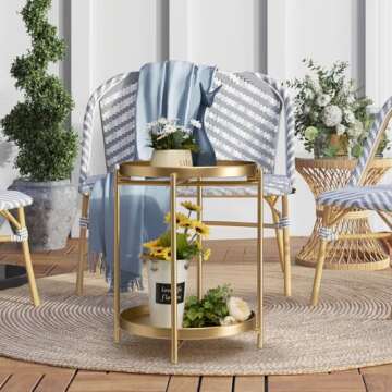 TeoKJ 2 Tier Gold Side Table, Folding Round Metal End Table Small Nightstand with Two Removable Tray for Bedroom Living Room Small Spaces Bedside Gold