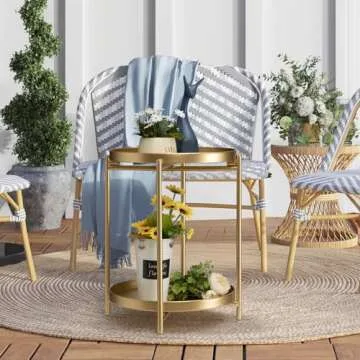 TeoKJ 2 Tier Gold Side Table, Folding Round Metal End Table Small Nightstand with Two Removable Tray for Bedroom Living Room Small Spaces Bedside Gold
