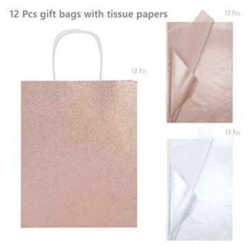 Rose Gold Glitter Gift Bags Set with Tissue Paper
