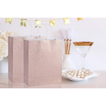 Rose Gold Glitter Gift Bags Set with Tissue Paper
