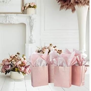 Rose Gold Glitter Gift Bags Set with Tissue Paper