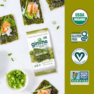 gimMe Organic Roasted Seaweed Sheets - Extra Virgin Olive Oil - 12 Sharing Packs - Keto, Vegan, Gluten Free - Great Source of Iodine and Omega 3’s - Healthy On-The-Go Snack for Kids & Adults
