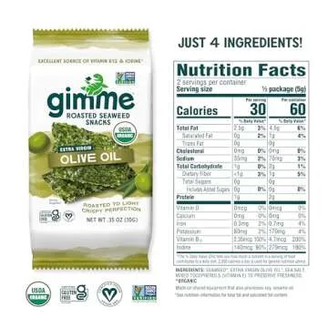 gimMe Organic Roasted Seaweed Sheets - Extra Virgin Olive Oil - 12 Sharing Packs - Keto, Vegan, Gluten Free - Great Source of Iodine and Omega 3’s - Healthy On-The-Go Snack for Kids & Adults