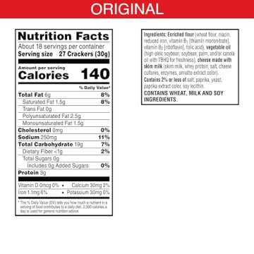 Cheez-It Cheese Crackers, Baked Snack Crackers, Lunch Snacks, Family Size, Reduced Fat Original, 19oz Box (1 Box)