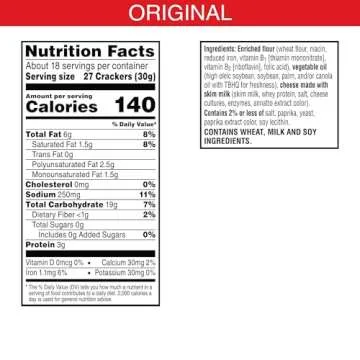 Cheez-It Cheese Crackers, Baked Snack Crackers, Lunch Snacks, Family Size, Reduced Fat Original, 19oz Box (1 Box)