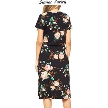 Womens Summer Modest Short Sleeve Teacher Outfits Tee Shirt Midi Floral Black L