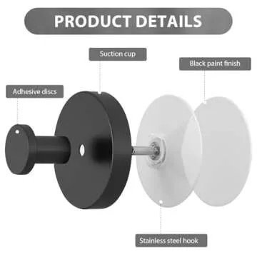 iaredon Suction Cup Hooks for Shower,Shower Hooks for InsideShower,Removable Towel Hooks for Bathrooms,ShowerSuction Cup Bathroom Hooks for Glass Window Door,ShowerWall,Loofa, Black (4 Pack)