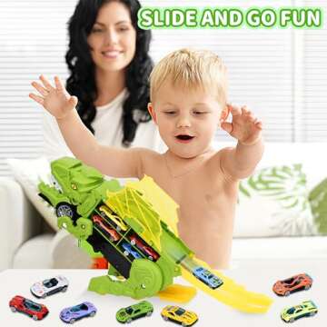 Transformable Dinosaur Truck Toy for Kids & 12 Diecast Cars