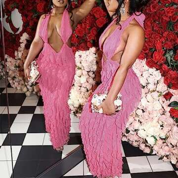 SHESEEWORLD Women's Sexy Sleeveless Halter Deep Plunge V Neck Backless Ruffled Party Cocktail Bodycon Maxi Dress Pink