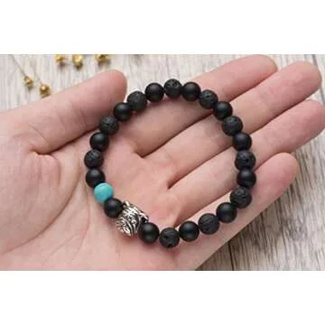 Karseer Black Matte Onyx and Lava Energy Stone Mala Beaded Stretch Bracelet with Bulldog Mascot Charm and Birthstone Embellishment, Handmade Friendship Jewelry Gift Unisex 7", Antique Silver