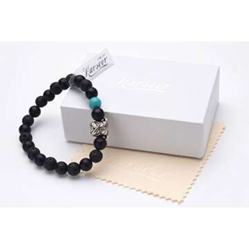 Karseer Black Matte Onyx and Lava Energy Stone Mala Beaded Stretch Bracelet with Bulldog Mascot Charm and Birthstone Embellishment, Handmade Friendship Jewelry Gift Unisex 7", Antique Silver