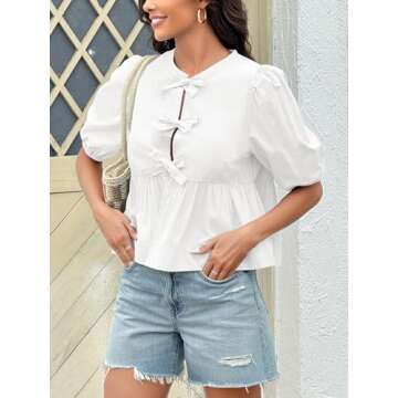 Tankaneo Womens White Tie Front Tops Summer Peplum Babydoll Puff Short Sleeve Blouse Cute Cotton Shirts, X-Large