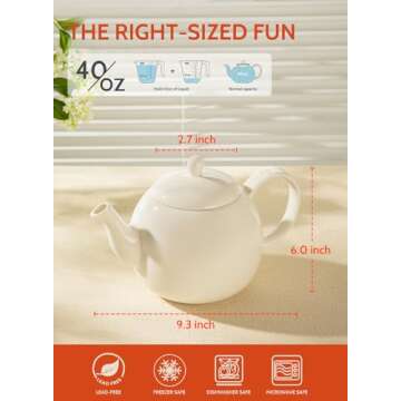 Sweese Porcelain Teapot, 40 Ounce Tea Pot - Large Enough for 5 Cups, White