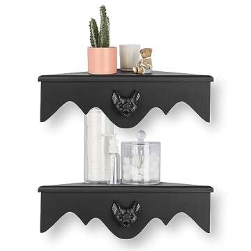 Gothvanity Bat Corner Shelf Set of 2, Black Flying Bat Floating Corner Shelf, Wood Wall Mounted Storage Shelves, Gothic Home Decor for Bedroom, Kitchen, Living Room, Bathroom, Office and More…