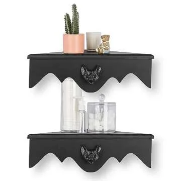 Gothvanity Bat Corner Shelf Set of 2, Black Flying Bat Floating Corner Shelf, Wood Wall Mounted Storage Shelves, Gothic Home Decor for Bedroom, Kitchen, Living Room, Bathroom, Office and More…