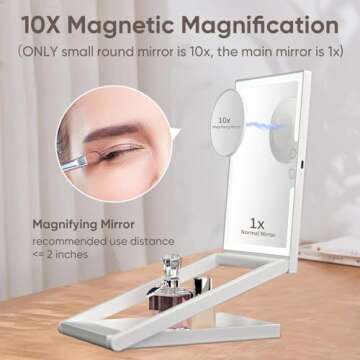 GURUN Adjustable Height Portable Folding Travel Makeup Mirror with 3 Colors Light 10X Magnification 2000mha Rechargeable Tabletop Vanity Mirror Brightness Adjustable M3003-2000