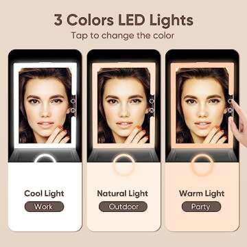 GURUN Adjustable Height Portable Folding Travel Makeup Mirror with 3 Colors Light 10X Magnification 2000mha Rechargeable Tabletop Vanity Mirror Brightness Adjustable M3003-2000