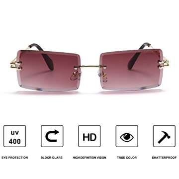 Rectangle Sunglasses For Women Men Rimless UV Protection Fashion Square Sunglasses Tinted Lens Vinta...