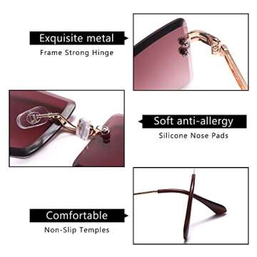 Rectangle Sunglasses For Women Men Rimless UV Protection Fashion Square Sunglasses Tinted Lens Vintage Sun Glasses