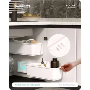 Baffect 2 pcs Under Sink Organizers Pull Out Cabinet Organizer Slide Out Plastic Storage Drawers Sliding Basket for Kitchen Bathroom Undersink (White)