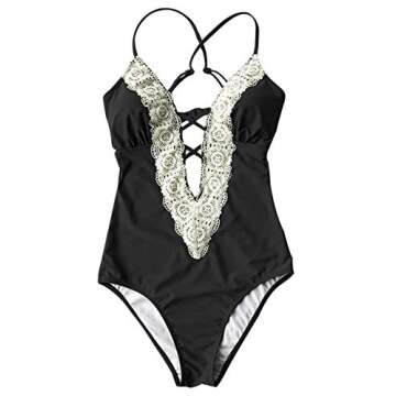 CUPSHE Women's Ladies Vintage Lace Bikini Set Beach Swimwear Bathing Suit One Piece Swimsuit, M Black
