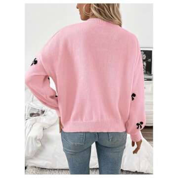 BEAUDRM Women's Y2K Bow Print Sweater Crewneck Long Sleeve Drop Shoulder Knit Pullovers Sweaters Pin...